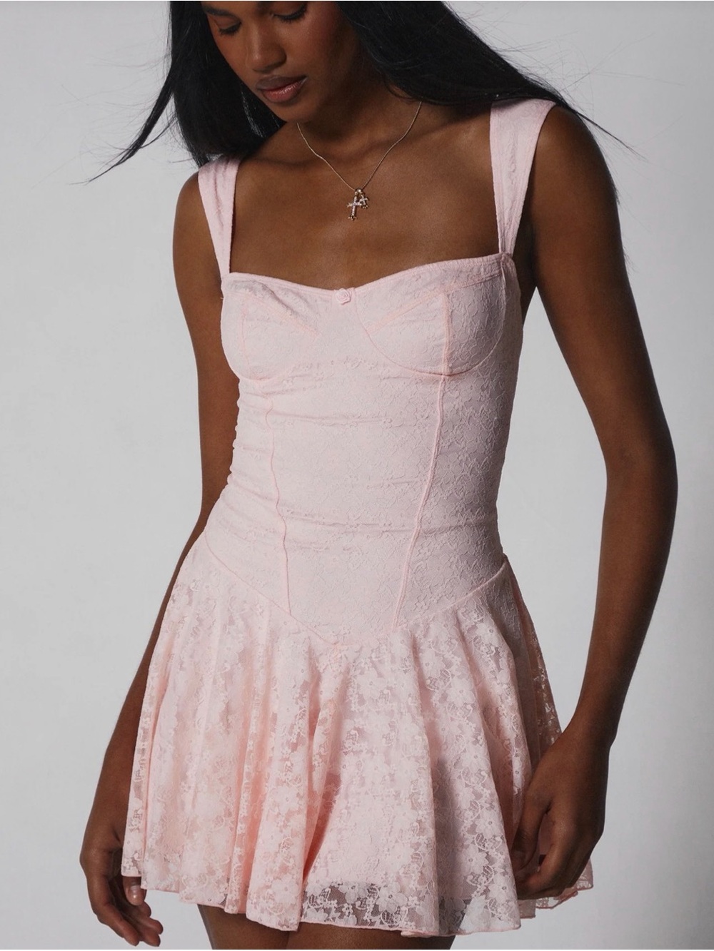 DollsKill Lace Fit-and-Flare Mini Dress in Light Pink